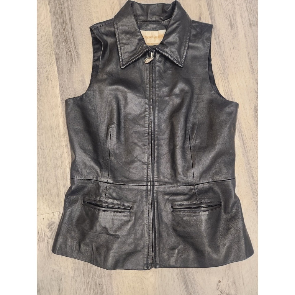 Margaret Godfrey Womens Black Leather Full Zip Collar Pocket Vest Jacket Size 10